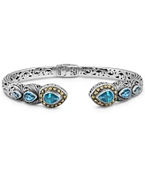 Devata London Blue Topaz, Swiss Blue Topaz, Blue Topaz & Bali Filigree Cuff Bracelet in Sterling Silver and 18K Gold Accents