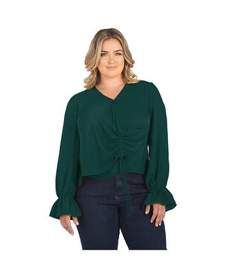 Plus Women's Long Flute Sleeve V-Neck Blouse Tops