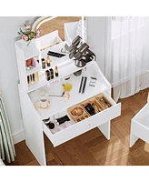 Small Makeup Vanity Desk with Mirror and Lights, Vanity Table Set with Storage Drawer, Chair and Three Shelves