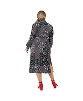 Plus Women's Long Sleeve Midi Shirt Dress Floral Print Tie-Front