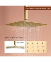 Brushed Gold Celling Mount Thermostatic Rain Shower System with Handheld and Wall Body Jets 3 Functions Faucet