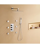 Chrome Wall Mount Thermostatic Rain Shower System with Handheld and Body Jets Bathroom Faucet Set