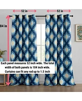 Hlc.me Liam Ogee Ikatt Damask Patterned Window Grommet Curtains Bedroom - Light Blocking Darkening Window Panels, Set of 2 (Navy Blue