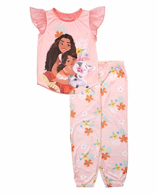 Moana Little Girls Short Frilly Sleeves and Jogger Bottom, 2-Piece Pajama Set