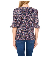 CeCe Women's Floral V-Neck 3/4-Sleeve Ruffled Cuff Blouse