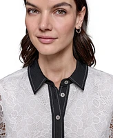 Karl Lagerfeld Paris Women's Crop Lace Contrast-Trim Short Sleeve Button-Front Top