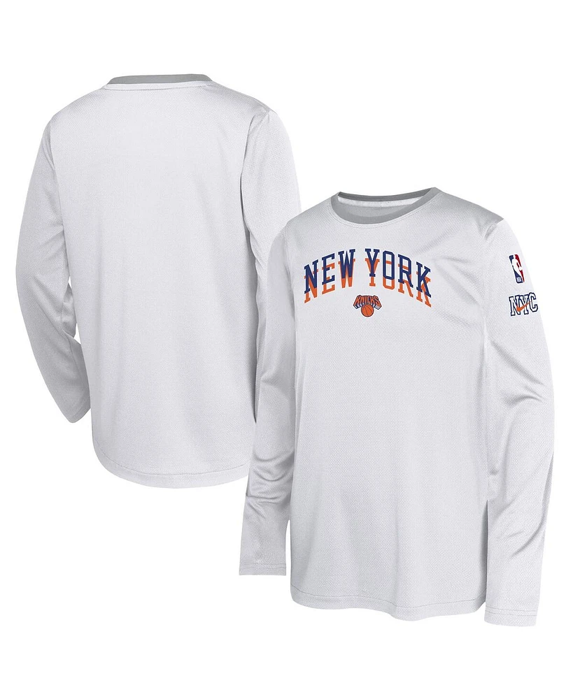 Nike Big Boys and Girls White New York Knicks 2024/25 City Edition Pregame Performance Long Sleeve Shooting T-Shirt