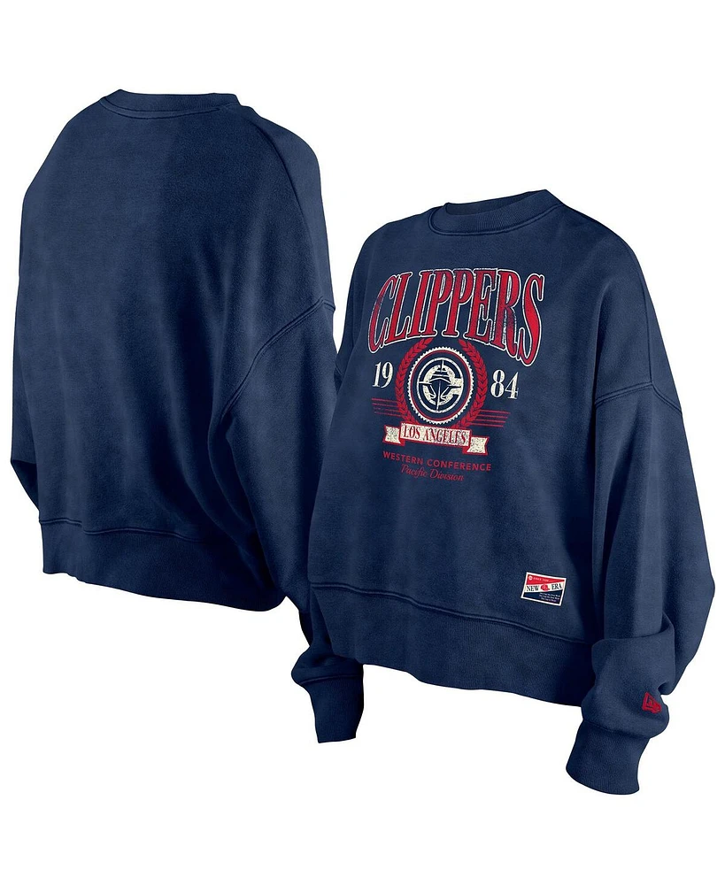 New Era Women's Navy La Clippers Hardwood Classics Enzyme Wash Oversized Boxy Pullover Sweatshirt