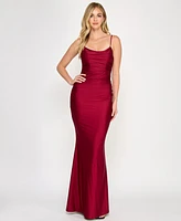 Crystal Doll Juniors' Ruched Strappy-Back Satin Gown