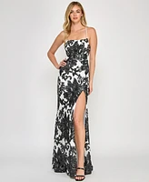 Crystal Doll Juniors' Floral Sequined Lace-Up-Back Gown