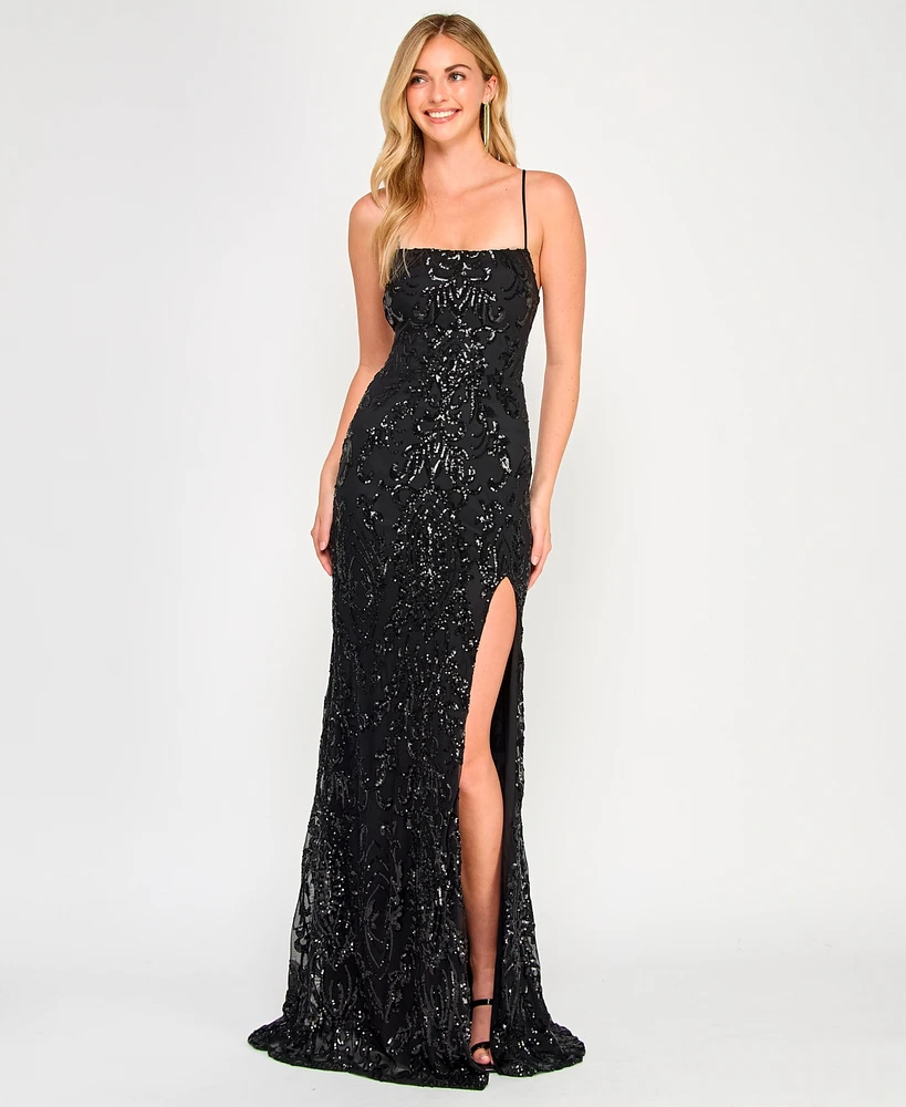 Crystal Doll Juniors' Sequined Lace-Up-Back Gown