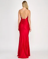 Crystal Doll Juniors' Rhinestone-Strap Lace-Up-Back Gown