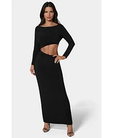 Bebe Women's Asymmetrical Cut Out Long Sleeve Maxi Dress