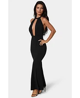 Bebe Women's Plunge Neck Halter Floor Length Dress