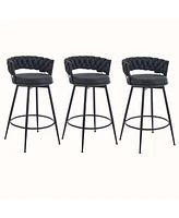 Dyhome 28 inch Bar Stools Set of 3, Modern Counter Height Stools, 360° Swivel Suede Fabric Stool Chairs with Woven Back and Footrest for Kitc