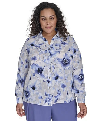 Calvin Klein Plus Printed Ruffled Long-Sleeve Button-Front Shirt