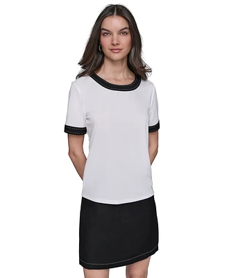 Karl Lagerfeld Paris Women's Contrast-Rib Short-Sleeve Top