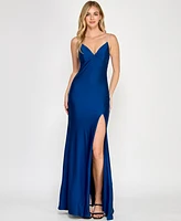Crystal Doll Juniors' Rhinestone-Strap Lace-Up-Back Gown