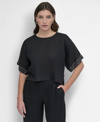 Dkny Women's Cropped Short-Sleeve Studded Linen Top