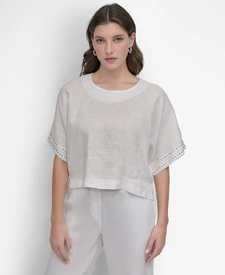 Dkny Women's Cropped Short-Sleeve Studded Linen Top