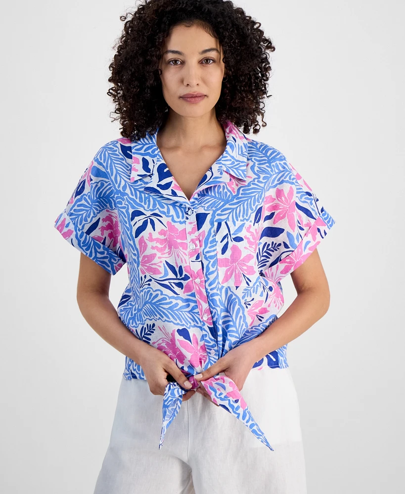 Charter Club Petite 100% Linen Floral-Print Tie-Front Shirt, Exclusively at Macy's