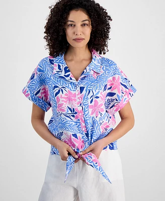 Charter Club Petite 100% Linen Floral-Print Tie-Front Shirt, Exclusively at Macy's