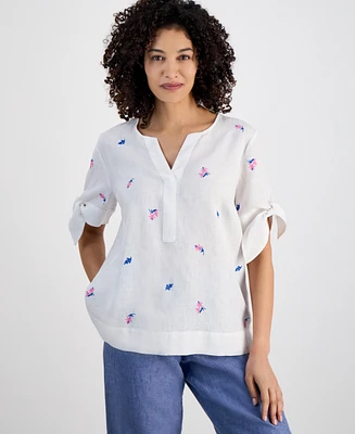 Charter Club Petite Floral-Embroidered Linen Tie-Sleeve Top, Exclusively at Macy's