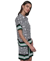 Karl Lagerfeld Paris Women's Border Printed Short Sleeve Button-Front Top