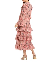 Mac Duggal Women's Long Sleeve Lace Up Front Tiered Ruffle Dress