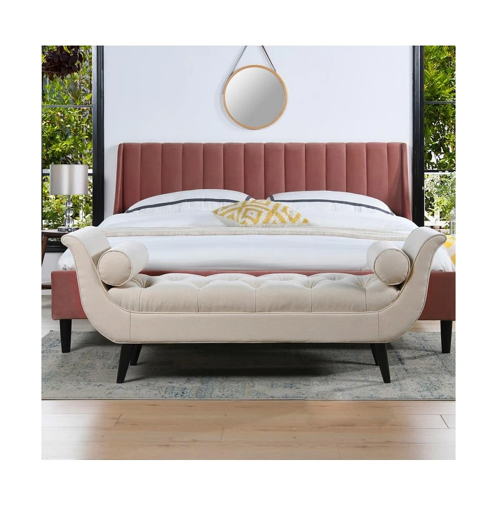 64 Inch Tufted Velvet Entryway Bench, Upholstered Bedroom Bench with Bolster Pillows & Wood Legs-The Pop Home