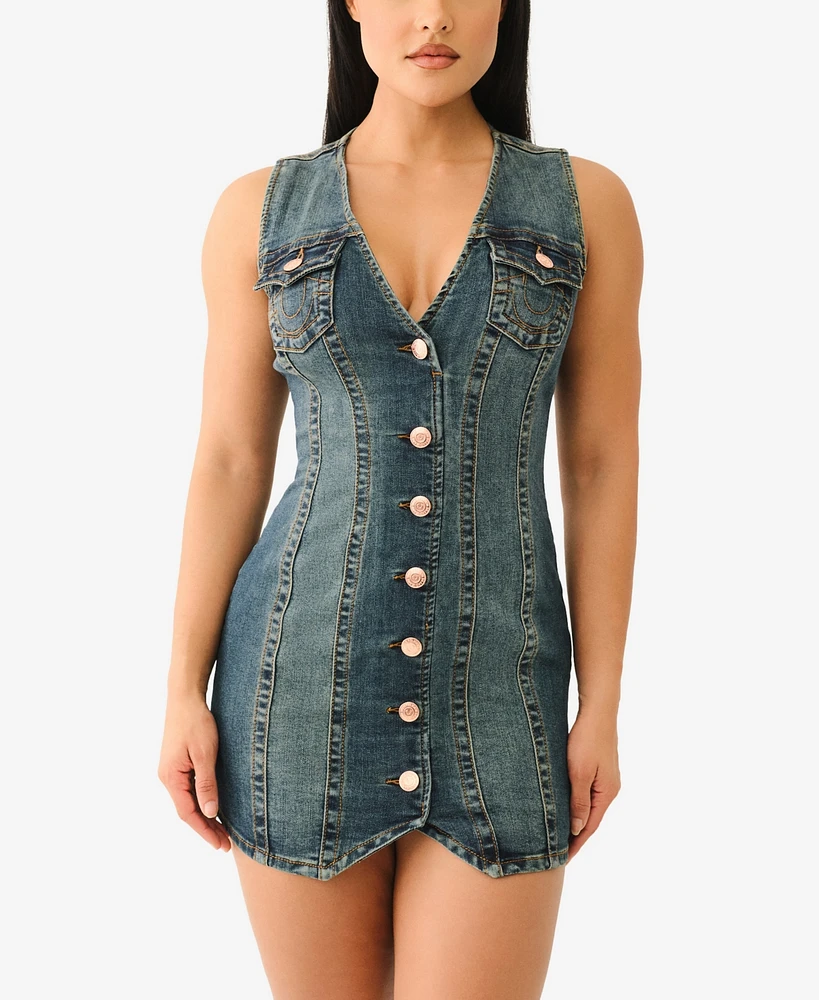 True Religion Women's Fitted Denim Vest Dress