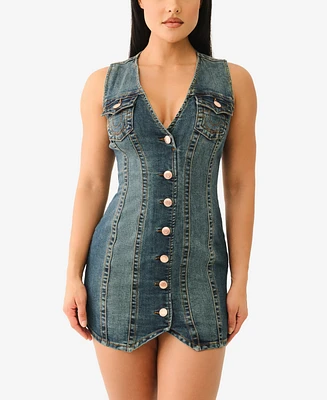 True Religion Women's Fitted Denim Vest Dress