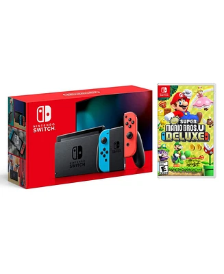 Nintendo Switch with Neon Blue and Neon Red Joy Con + New Super Mario Bros. U Deluxe Bundle