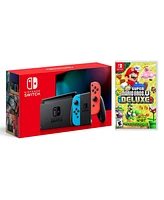 Nintendo Switch with Neon Blue and Neon Red Joy Con + New Super Mario Bros. U Deluxe Bundle