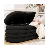 49 Inch Oval Boucle Storage Bench, Upholstered Entryway Ottoman with Hinged Lid-The Pop Home