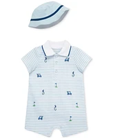 Little Me Baby Boys 2-Pc. Embroidered Golf Stripe Romper & Bucket Hat Set