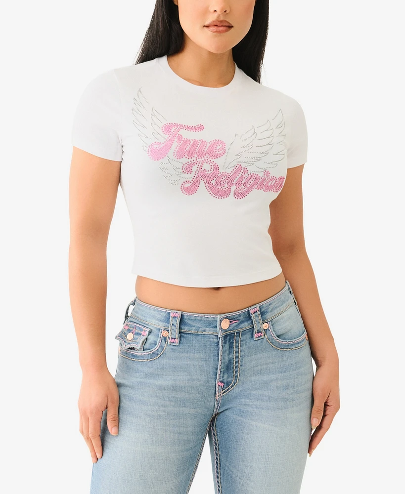 True Religion Women's Ss Crystal Wing Baby T-Shirt