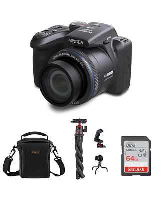 Minolta ProShot MN40Z 20MP Full Hd Camera with 40x Optical Zoom, Black, Bundle with Mt-11 Multifunctional Octopus Tripod, 64GB Sdxc Memory Card and Sh