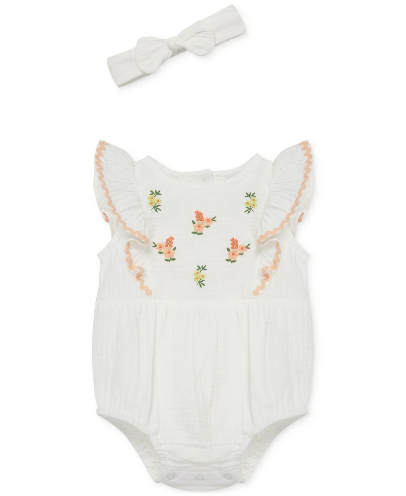 Little Me Baby Girls 2-Pc. Gauze Embroidered Flowers Bubble Romper & Headband Set