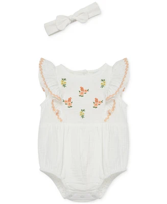 Little Me Baby Girls 2-Pc. Gauze Embroidered Flowers Bubble Romper & Headband Set