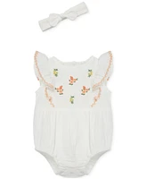 Little Me Baby Girls 2-Pc. Gauze Embroidered Flowers Bubble Romper & Headband Set