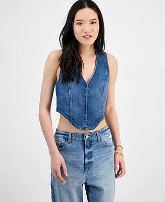 Madden Girl Juniors' Denim Hook-Front Corset Top