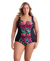 ShapeSolver by Mimi Flamingo Women's Secret Jungle Shirred Front Princess Seam Girl Leg One Piece Swimsuit