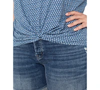 Liverpool Plus Printed Twist-Hem Crewneck Top