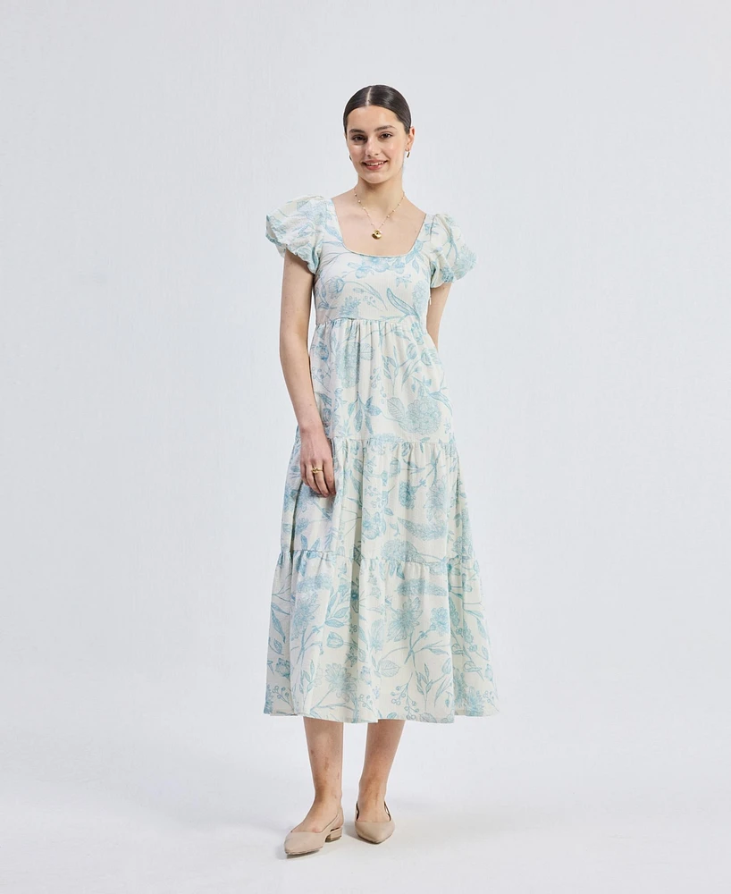 Reistor Women's Puff Sleeve Tiered Maxi Dress Blue Florals