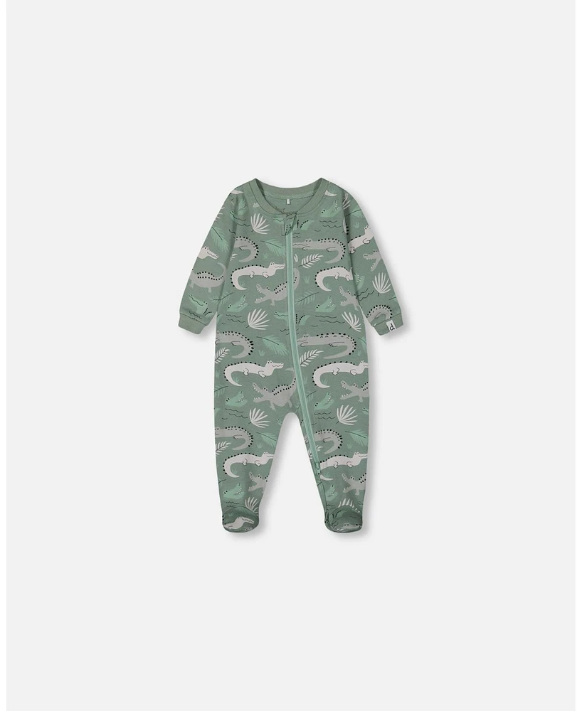 Deux par Baby Boys Printed Cotton One-Piece Pajama Light Sage And Gray Crocodile