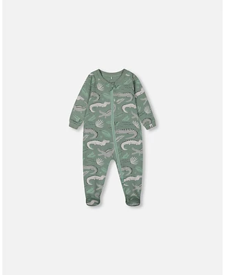 Deux par Baby Boys Printed Cotton One-Piece Pajama Light Sage And Gray Crocodile