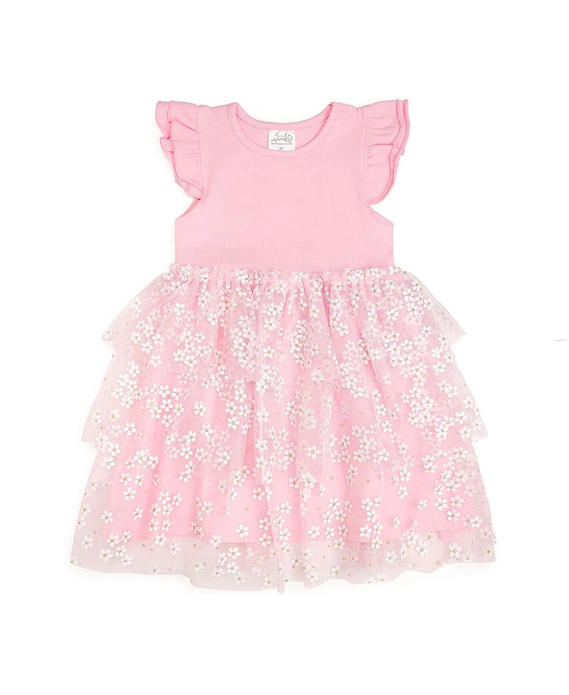 Sweet Wink Toddler Girls Pink Ditsy Daisy Easter Tiered Short Sleeve Tutu Dress