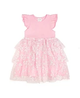 Sweet Wink Toddler Girls Pink Ditsy Daisy Easter Tiered Short Sleeve Tutu Dress