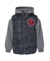 Avengers Boys Marvel Zip Up Vest 2fer Jacket and Pullover Fleece Hoodie